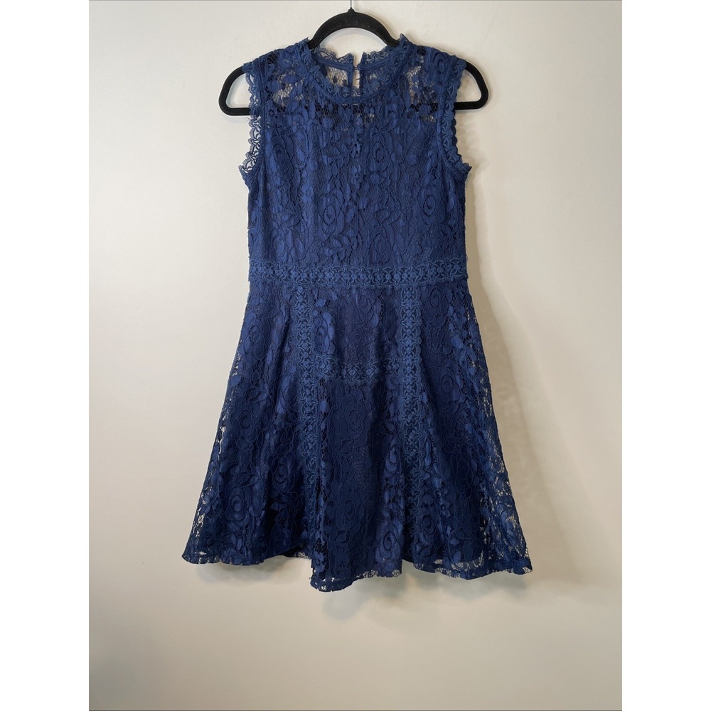 Knit Works Girls 16 Navy Blue Lace Fit Flare Dress Ruffle Slip NWT (no necklace)